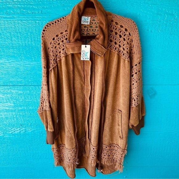JADED GYPSY BOHO SPIRIT ZIP UP LONGLINE CROCHET JACKET OS - Picture 1 of 9